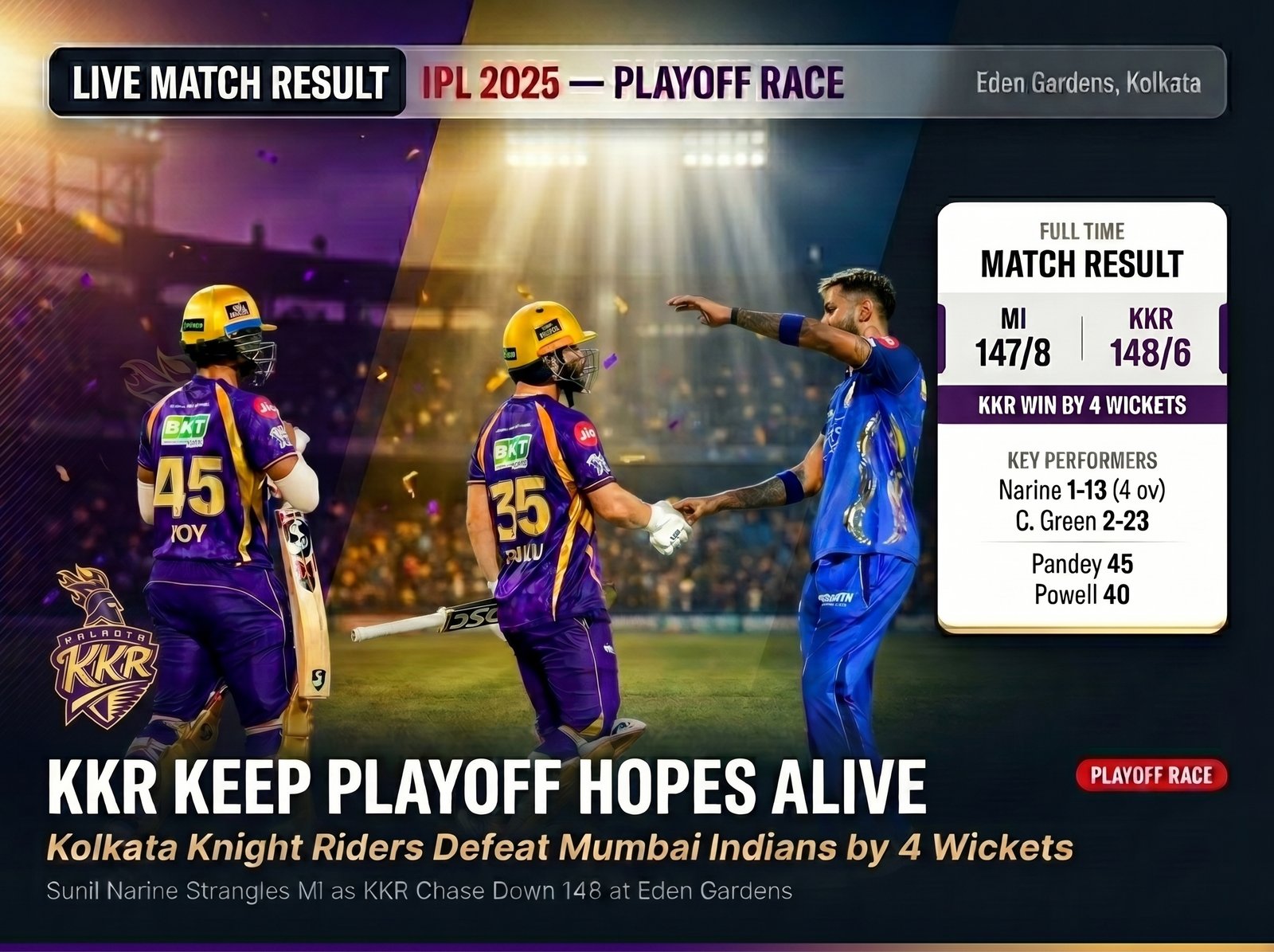 KKR Beat MI to Keep Playoff Hopes Alive at Eden Gardens